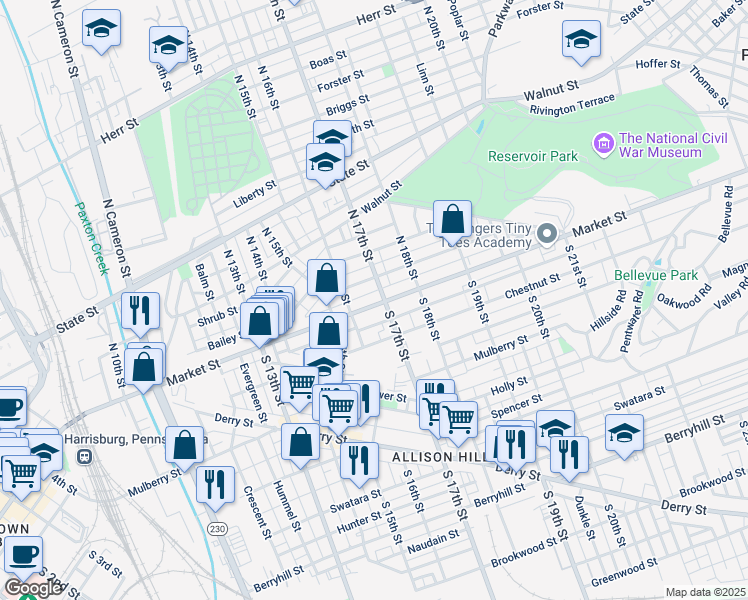 map of restaurants, bars, coffee shops, grocery stores, and more near 1644 Market Street in Harrisburg