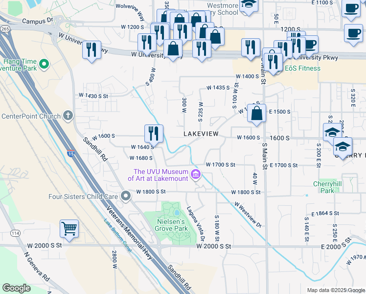 map of restaurants, bars, coffee shops, grocery stores, and more near 302 West Hidden Hollow Drive in Orem