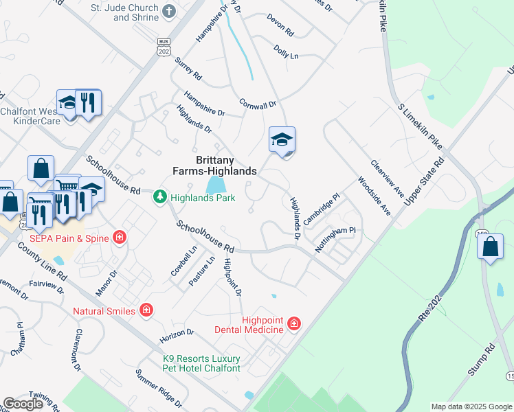 map of restaurants, bars, coffee shops, grocery stores, and more near 131 Bonnie Lark Court in Chalfont