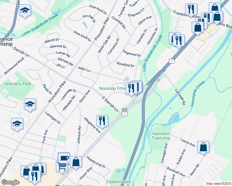 map of restaurants, bars, coffee shops, grocery stores, and more near 1424 Colts Circle in Lawrence Township