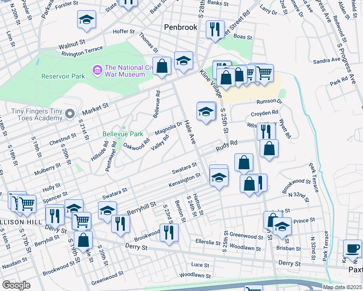map of restaurants, bars, coffee shops, grocery stores, and more near 2315 Thornwood Road in Harrisburg