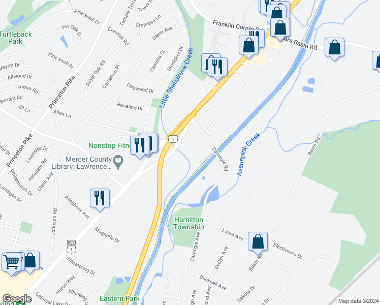 map of restaurants, bars, coffee shops, grocery stores, and more near 2836 U.S. 1 in Trenton