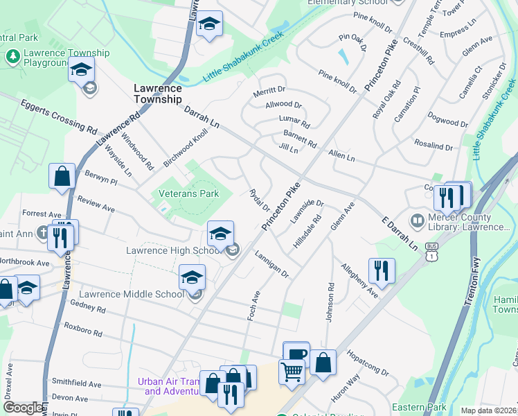 map of restaurants, bars, coffee shops, grocery stores, and more near 5 Rydal Drive in Lawrence Township