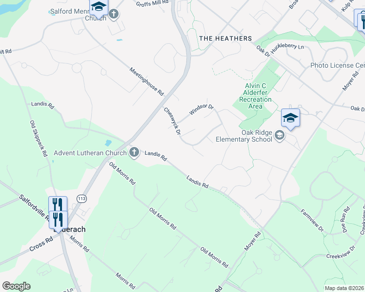 map of restaurants, bars, coffee shops, grocery stores, and more near 448 Cheswyck Drive in Harleysville