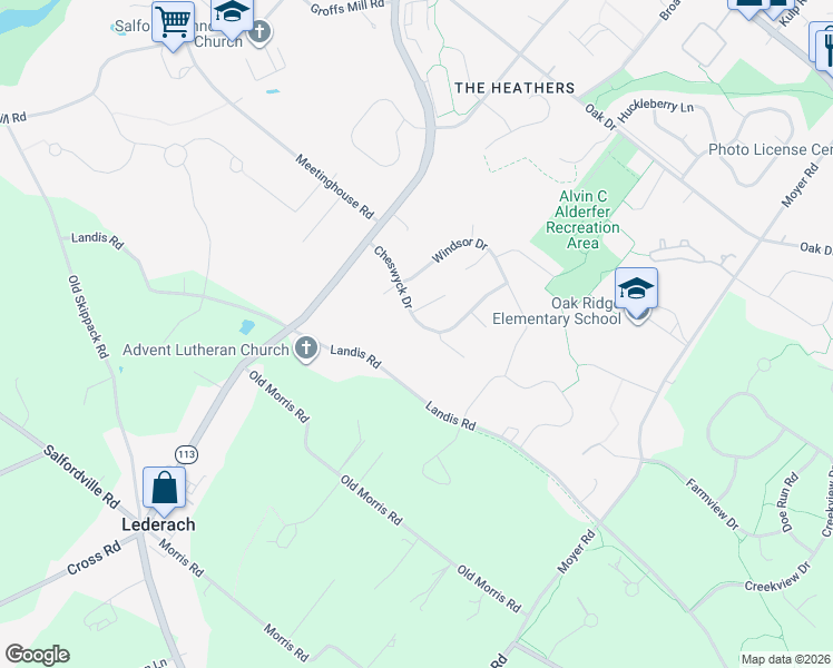 map of restaurants, bars, coffee shops, grocery stores, and more near 448 Cheswyck Dr in Harleysville