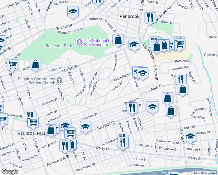 map of restaurants, bars, coffee shops, grocery stores, and more near 2313 Oakwood Road in Harrisburg