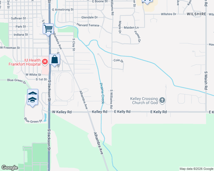map of restaurants, bars, coffee shops, grocery stores, and more near 1600 South Williams Road in Frankfort