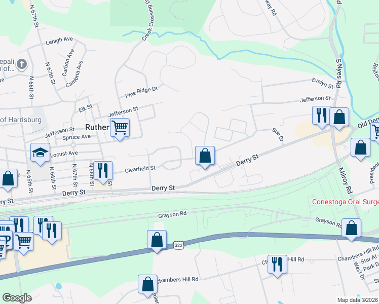 map of restaurants, bars, coffee shops, grocery stores, and more near 142 Kristy Lane in Harrisburg