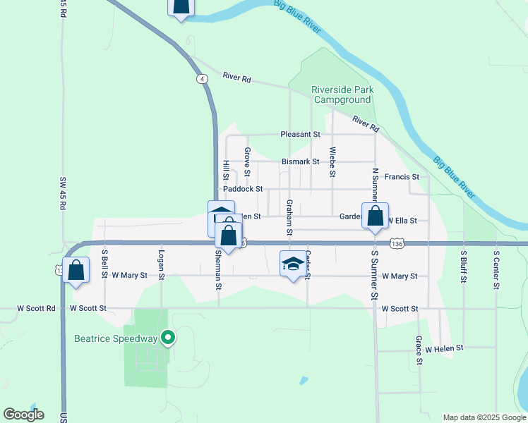 map of restaurants, bars, coffee shops, grocery stores, and more near 900 Garden Street in Beatrice