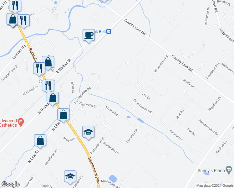 map of restaurants, bars, coffee shops, grocery stores, and more near 101 Broad Acres Road in Lansdale