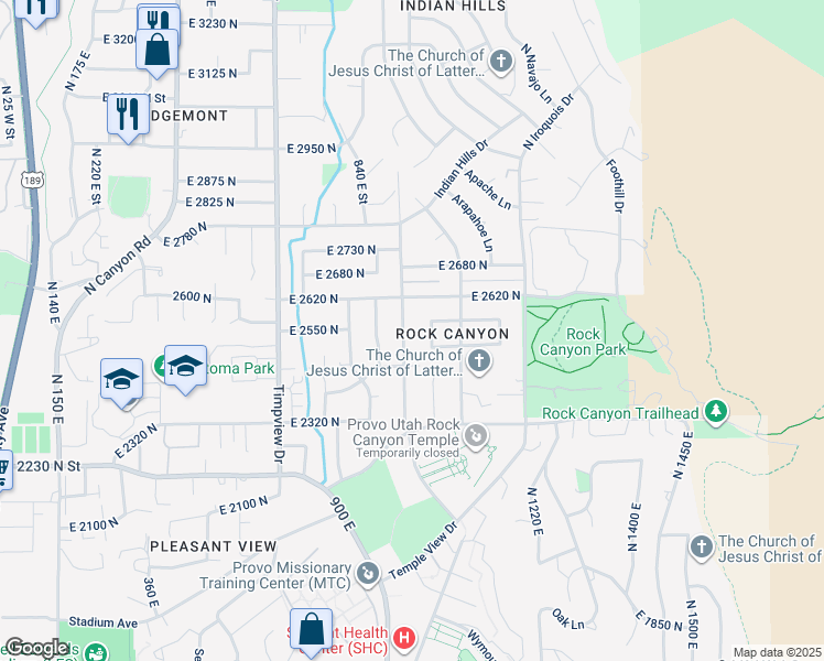 map of restaurants, bars, coffee shops, grocery stores, and more near 2541 North 1000 East in Provo
