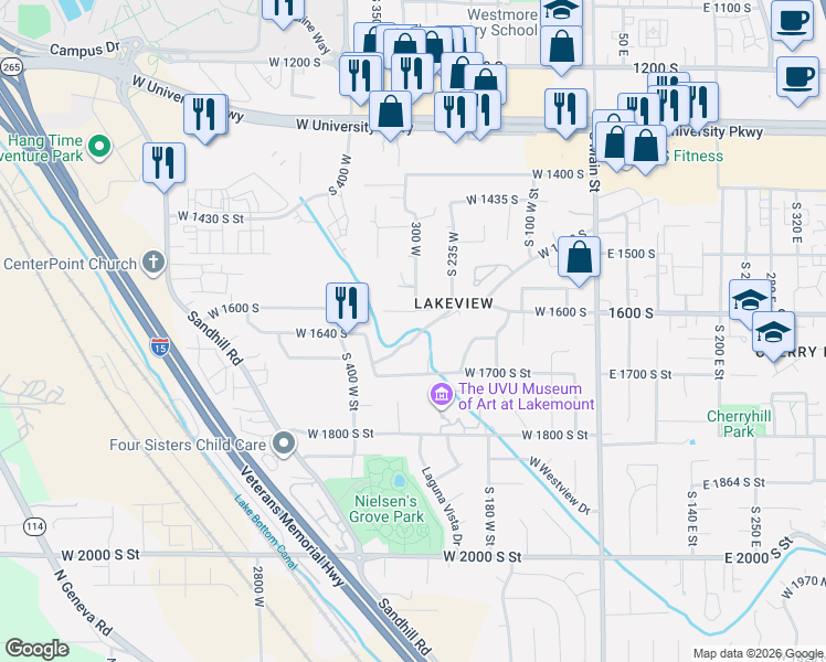 map of restaurants, bars, coffee shops, grocery stores, and more near 302 West Hidden Hollow Drive in Orem