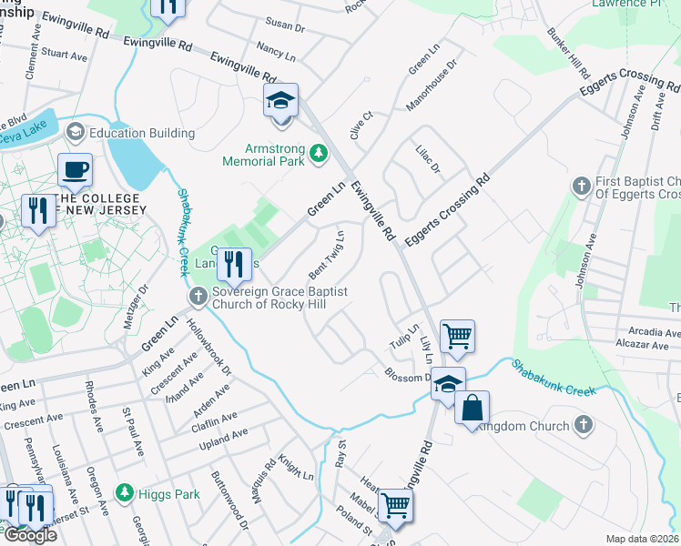 map of restaurants, bars, coffee shops, grocery stores, and more near 20 Running Brook Road in Ewing Township