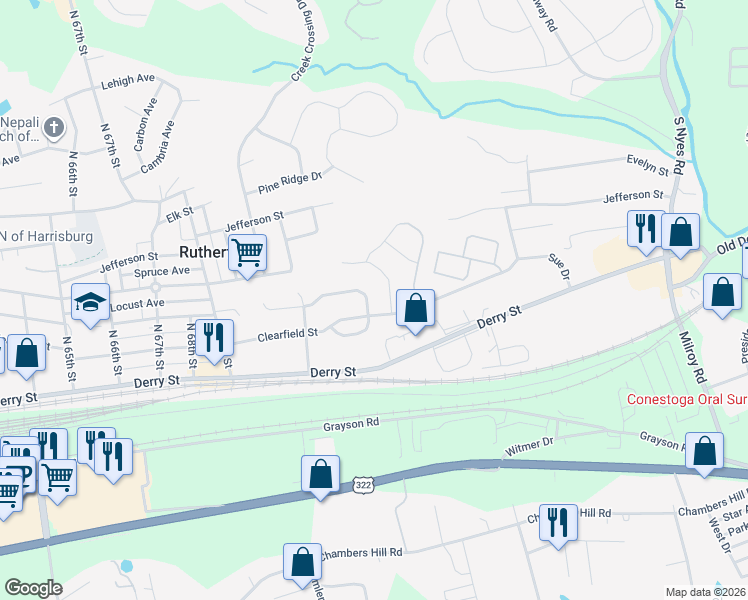 map of restaurants, bars, coffee shops, grocery stores, and more near 142 Kristy Lane in Harrisburg