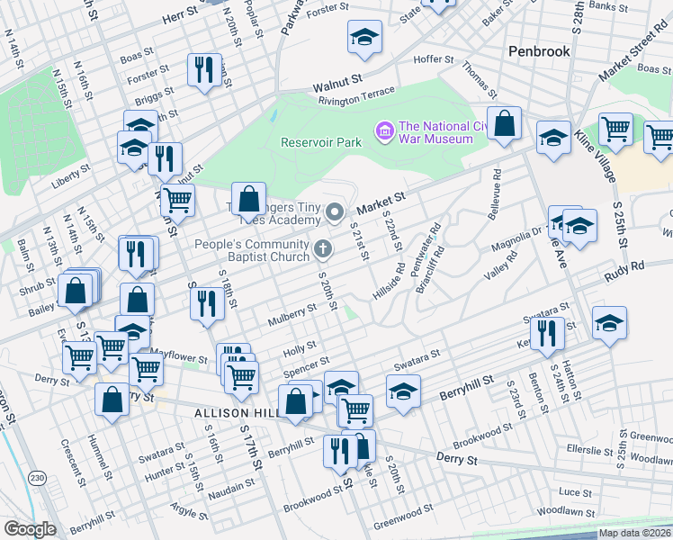 map of restaurants, bars, coffee shops, grocery stores, and more near 2038 Bellevue Road in Harrisburg