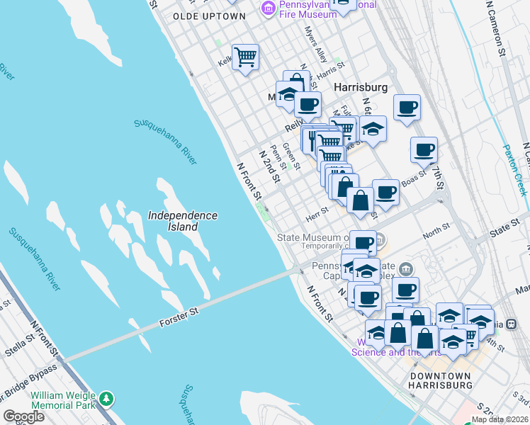 map of restaurants, bars, coffee shops, grocery stores, and more near Capital Area Greenbelt in Harrisburg