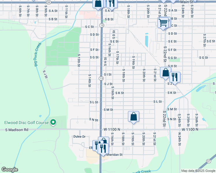 map of restaurants, bars, coffee shops, grocery stores, and more near 1535 South J Street in Elwood