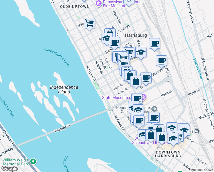 map of restaurants, bars, coffee shops, grocery stores, and more near 1120 North 2nd Street in Harrisburg