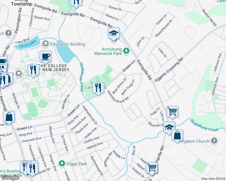 map of restaurants, bars, coffee shops, grocery stores, and more near 4 Blue Grass Drive in Ewing Township