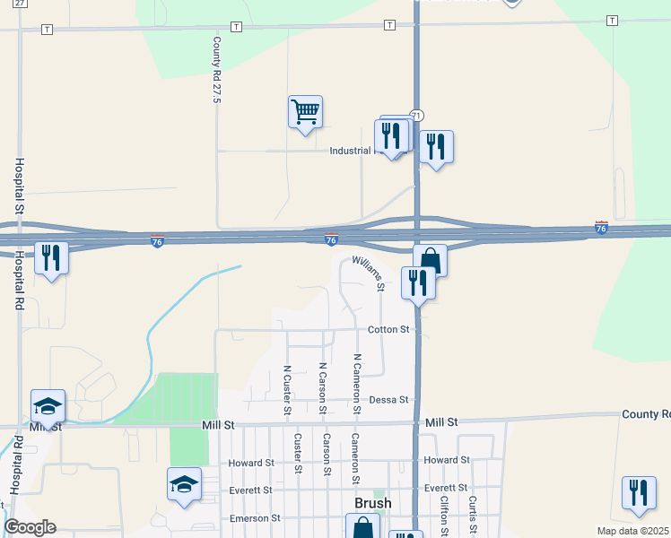map of restaurants, bars, coffee shops, grocery stores, and more near 1061 Williams Street in Brush