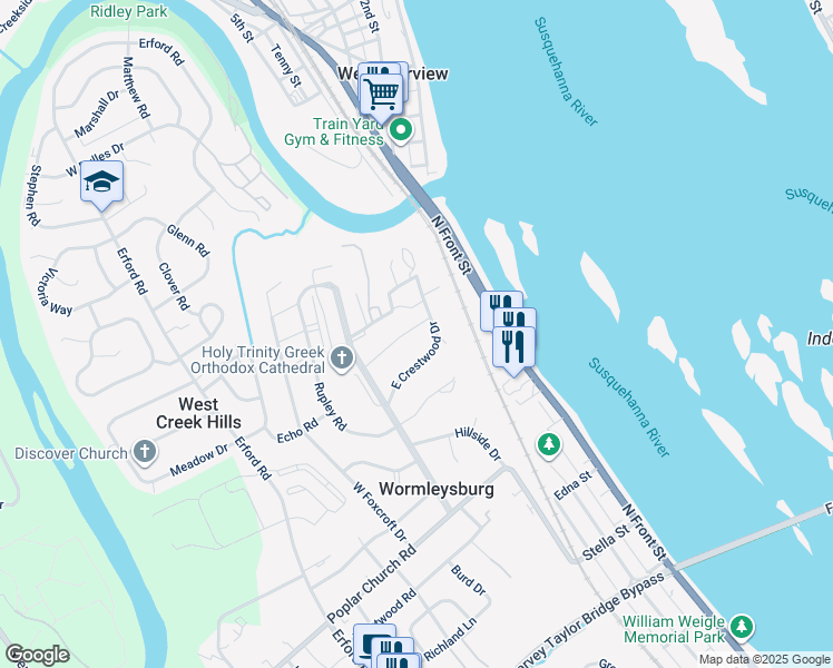 map of restaurants, bars, coffee shops, grocery stores, and more near 317 East Crestwood Drive in Camp Hill