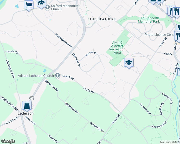 map of restaurants, bars, coffee shops, grocery stores, and more near 432 Cheswyck Drive in Harleysville