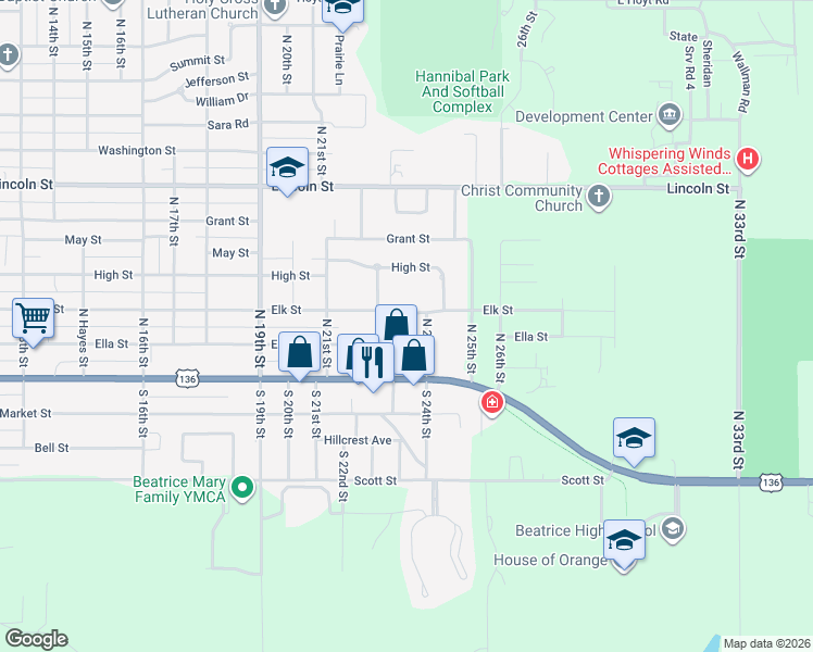 map of restaurants, bars, coffee shops, grocery stores, and more near 2315 Elk Street in Beatrice