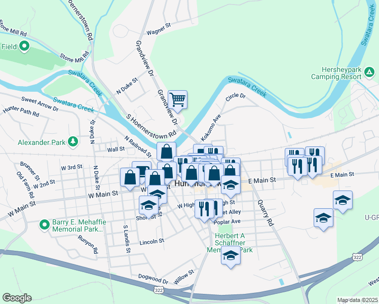 map of restaurants, bars, coffee shops, grocery stores, and more near 104 N Hanover St in Hummelstown