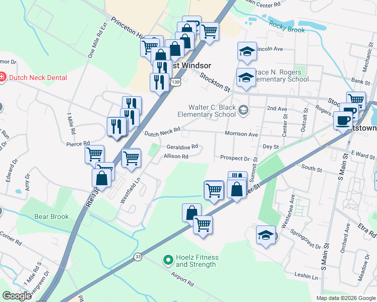 map of restaurants, bars, coffee shops, grocery stores, and more near 25 Geraldine Road in East Windsor