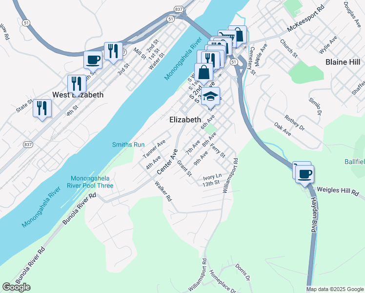 map of restaurants, bars, coffee shops, grocery stores, and more near 824 6th Avenue in Elizabeth