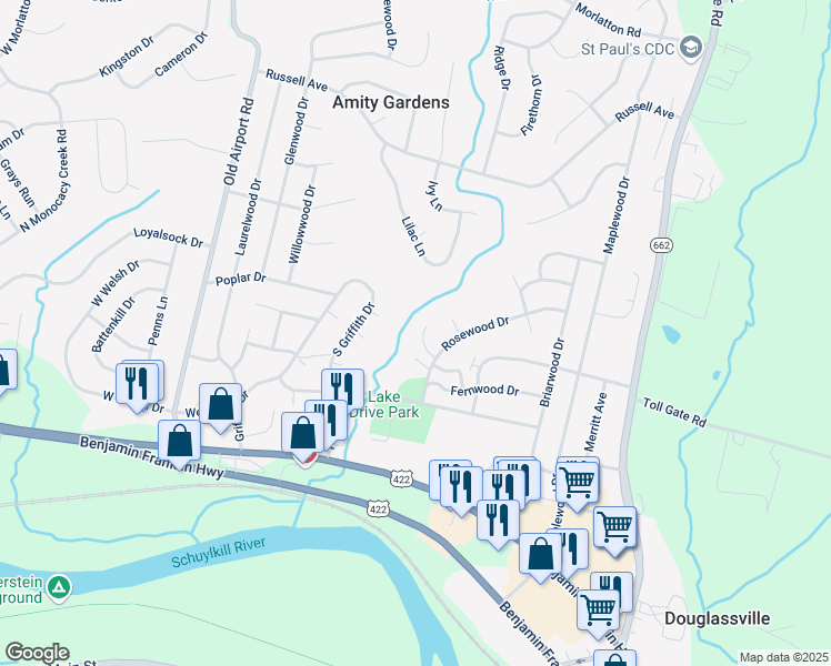 map of restaurants, bars, coffee shops, grocery stores, and more near 5 Spruce Court in Douglassville