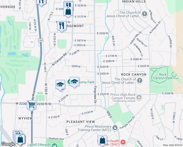 map of restaurants, bars, coffee shops, grocery stores, and more near 624 East 2550 North in Provo