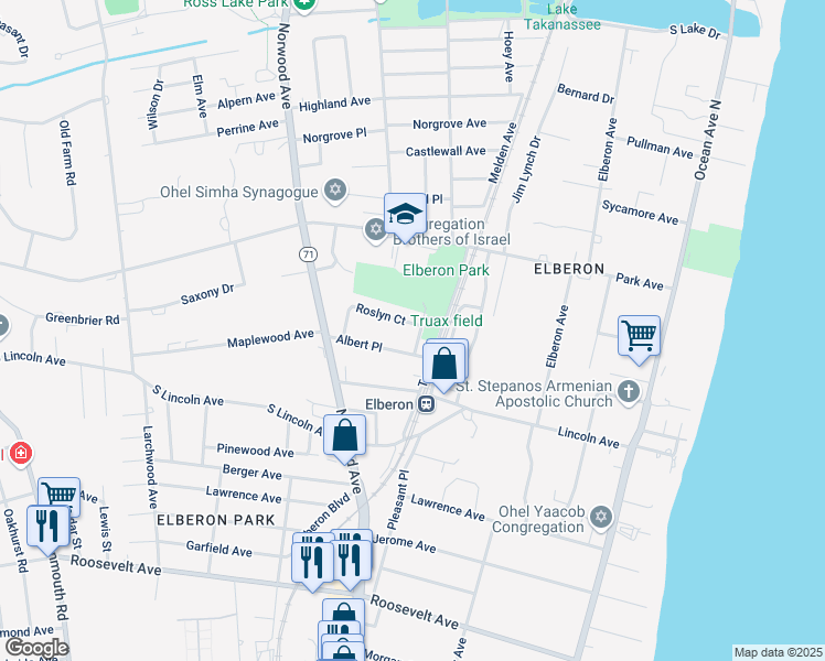 map of restaurants, bars, coffee shops, grocery stores, and more near 47 Roslyn Court in Long Branch