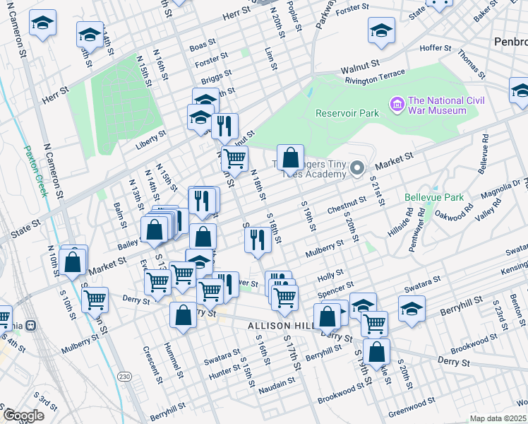 map of restaurants, bars, coffee shops, grocery stores, and more near 1739 Market Street in Harrisburg