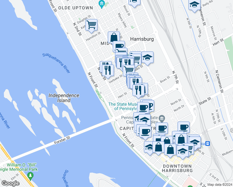 map of restaurants, bars, coffee shops, grocery stores, and more near 205 Sassafras Street in Harrisburg