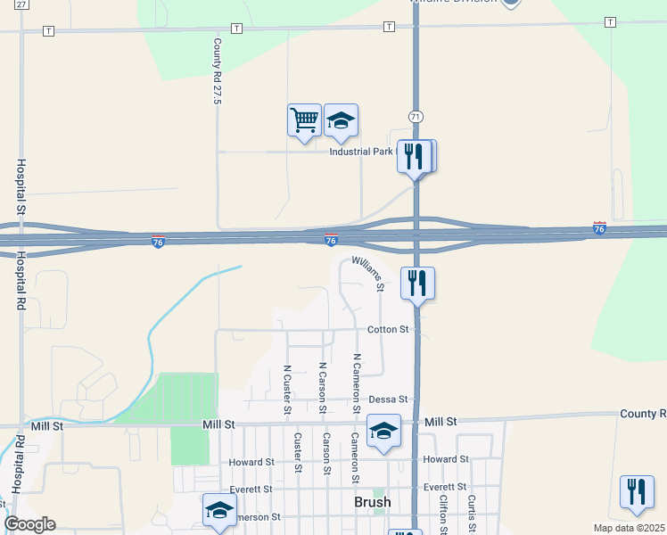 map of restaurants, bars, coffee shops, grocery stores, and more near 1061 Williams Street in Brush