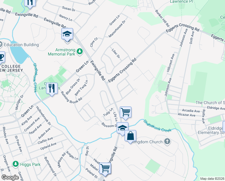 map of restaurants, bars, coffee shops, grocery stores, and more near 114 Honeysuckle Drive in Ewing Township