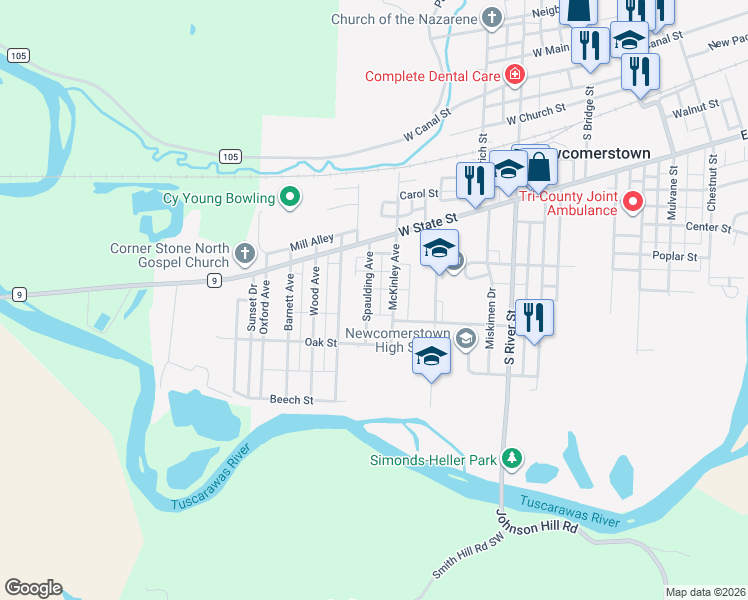 map of restaurants, bars, coffee shops, grocery stores, and more near 483 Spaulding Avenue in Newcomerstown