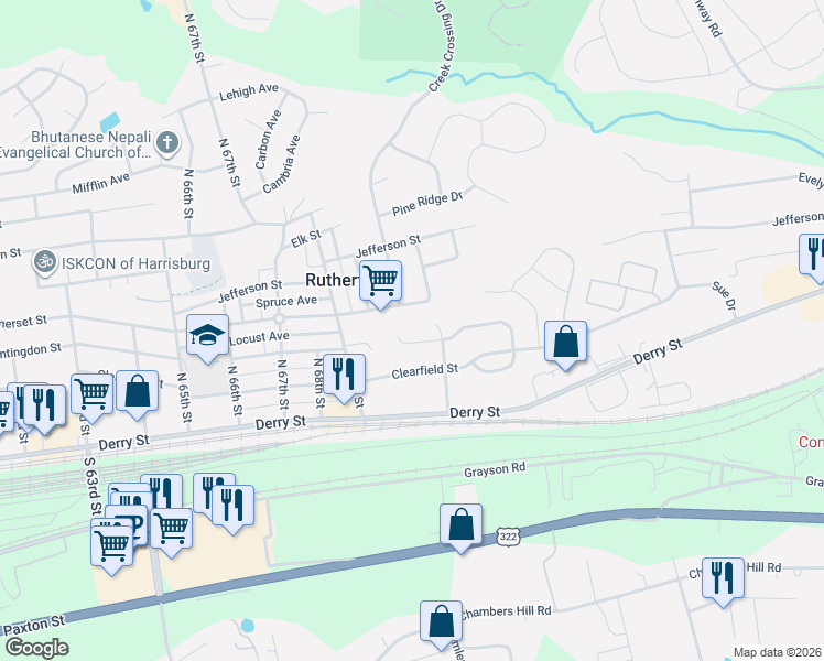 map of restaurants, bars, coffee shops, grocery stores, and more near 7120 Huntingdon Street in Harrisburg