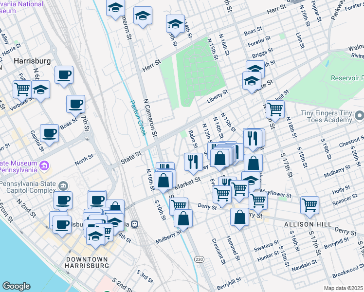 map of restaurants, bars, coffee shops, grocery stores, and more near 121 King St in Harrisburg