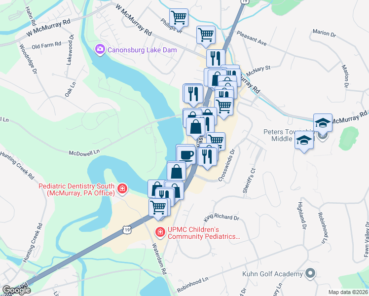 map of restaurants, bars, coffee shops, grocery stores, and more near 108 Waterside Drive in McMurray