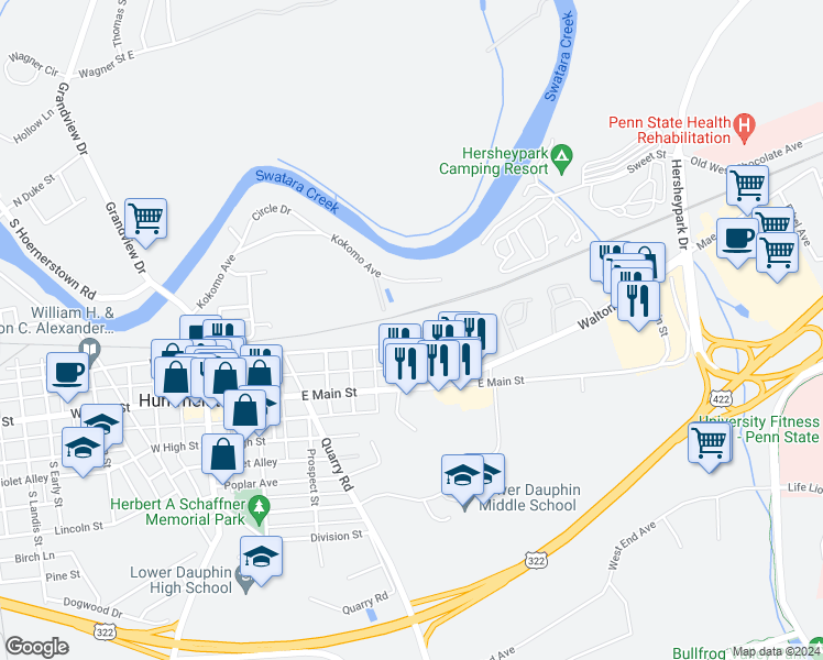 map of restaurants, bars, coffee shops, grocery stores, and more near 330 E 2nd St in Hummelstown