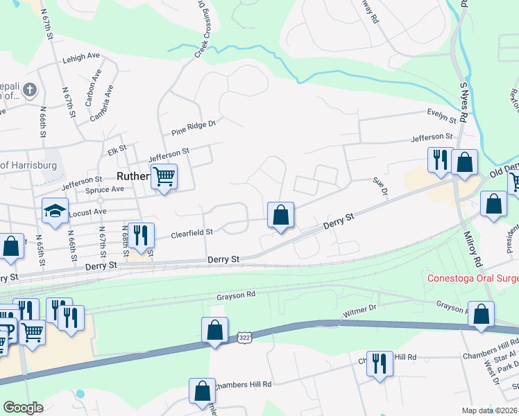 map of restaurants, bars, coffee shops, grocery stores, and more near 142 Kristy Ln in Harrisburg