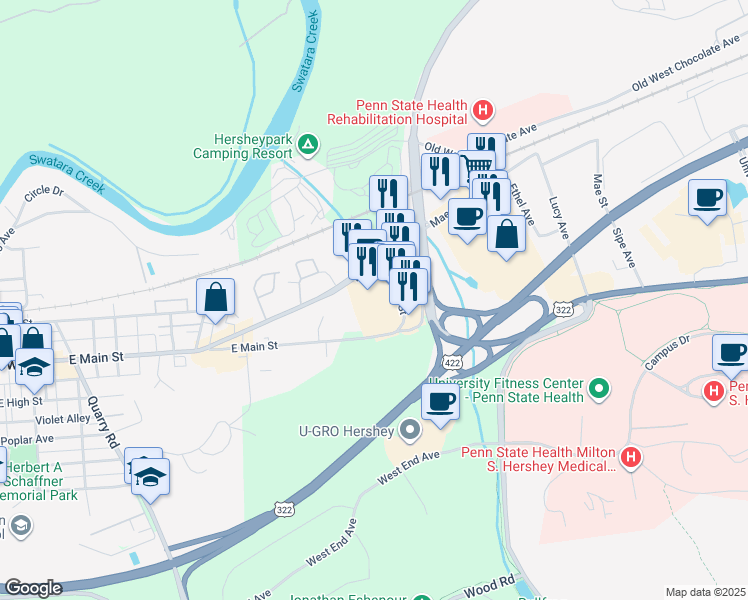 map of restaurants, bars, coffee shops, grocery stores, and more near 605 East Main Street in Hummelstown