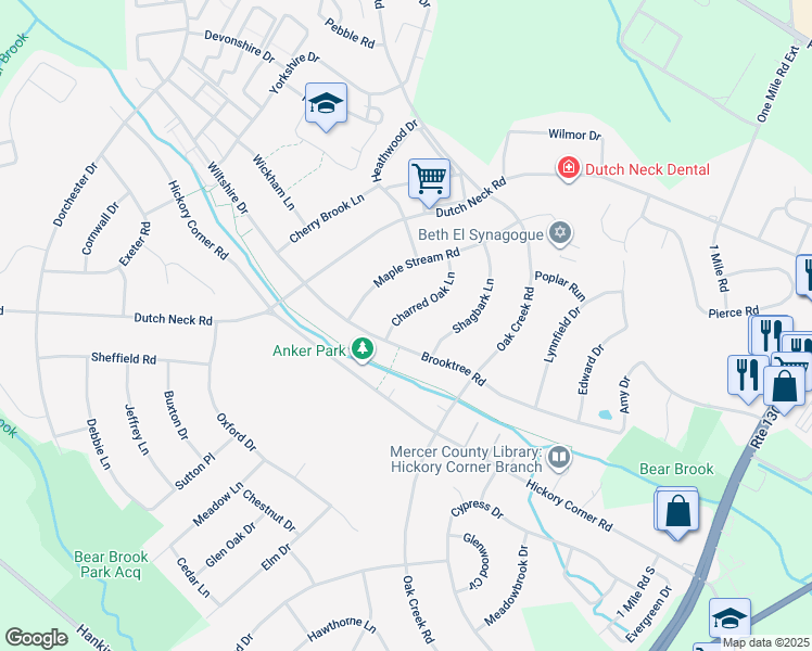 map of restaurants, bars, coffee shops, grocery stores, and more near 2 Charred Oak Lane in East Windsor