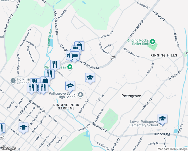 map of restaurants, bars, coffee shops, grocery stores, and more near 1525 Kauffman Rd in Pottstown