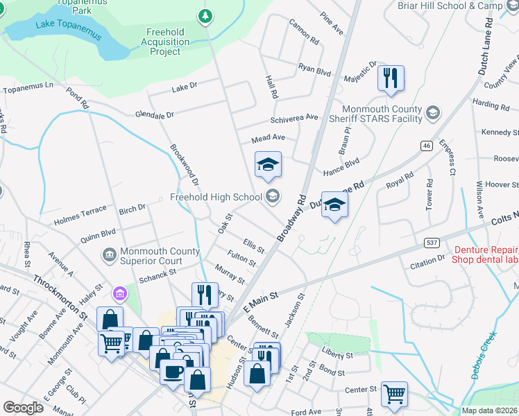 map of restaurants, bars, coffee shops, grocery stores, and more near 15 Robertsville Road in Freehold