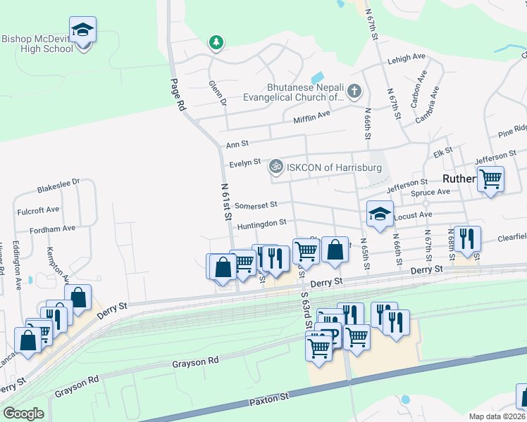 map of restaurants, bars, coffee shops, grocery stores, and more near 6221 Somerset Street in Harrisburg