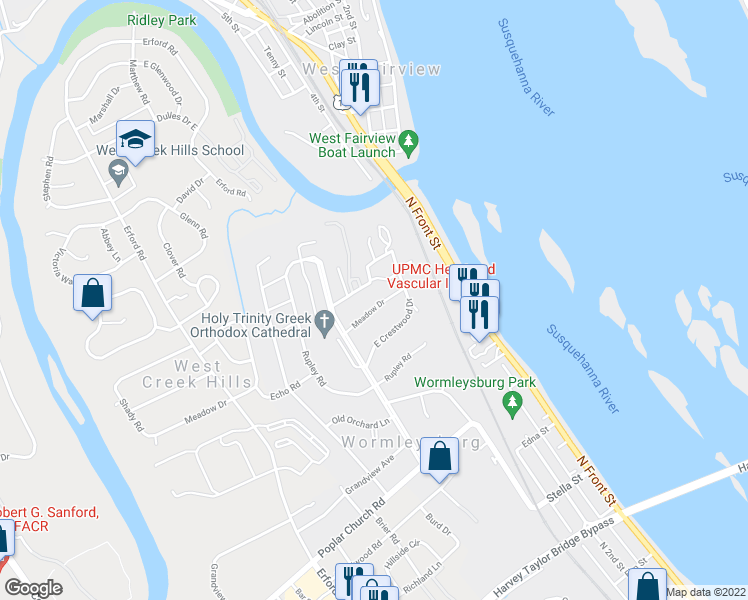 map of restaurants, bars, coffee shops, grocery stores, and more near 435 Meadow Drive in Camp Hill