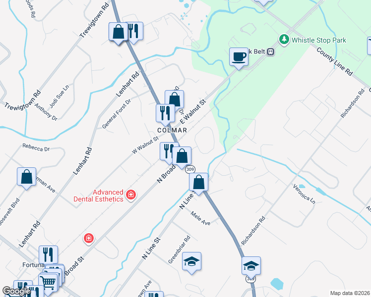 map of restaurants, bars, coffee shops, grocery stores, and more near 101 Bethlehem Pike in Colmar